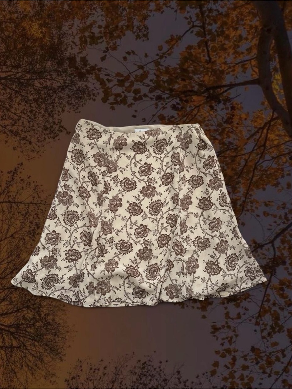 Whimsy Floral Woodland Fairy Brown & Cream Midi Skirt | Sz. US 14